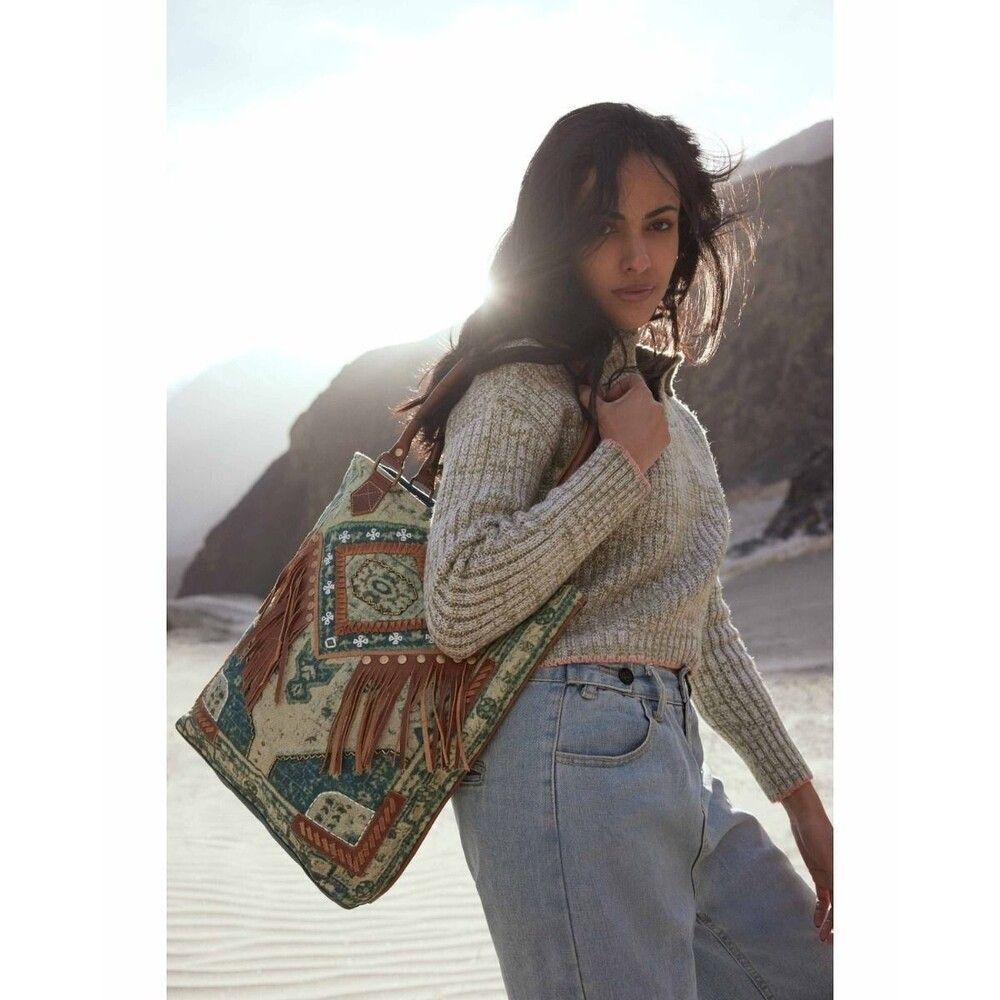Myra Bag Handmade Angelica Tote Bag Upcycled Canvas & Cowhide Leather